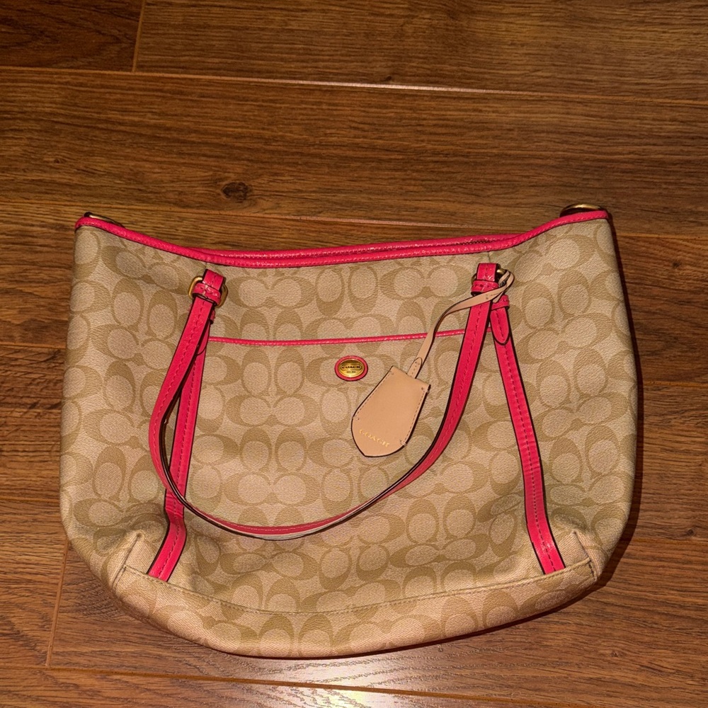 Coach Beige Canvas Shoulder Bag with Pink Trim